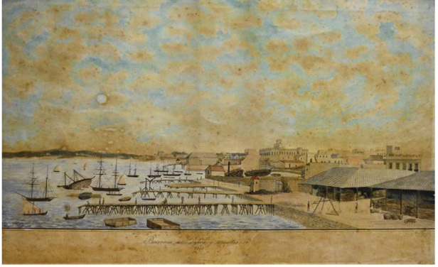 Barraca del Sr. Lafone y muelles, 1848, Acuarela y tinta