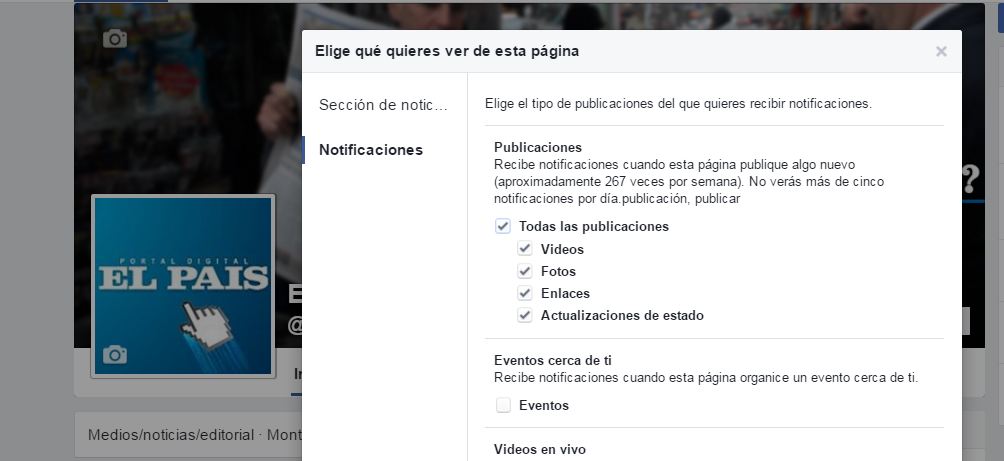 Editar las notificaciones en el menú desplegado del botón Me Gusta.