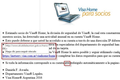 Al posicionar el cursor sobre el enlace, el sitio escrito en el correo y al que será redirigido el usuario no concuerdan.