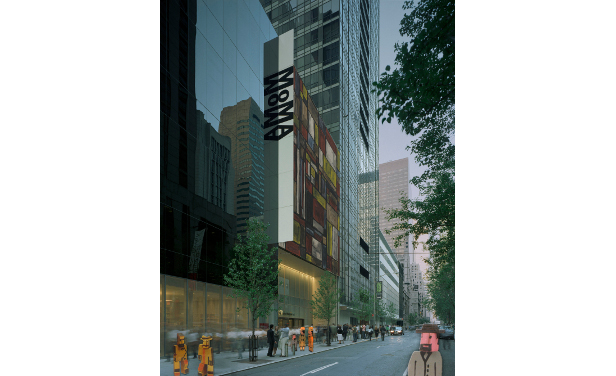 Museo de Arte Moderno de Nueva York, entrada por la calle 53 (Fotomontaje del Arq. Andrés Olivera sobre foto de Timothy Hursley).
