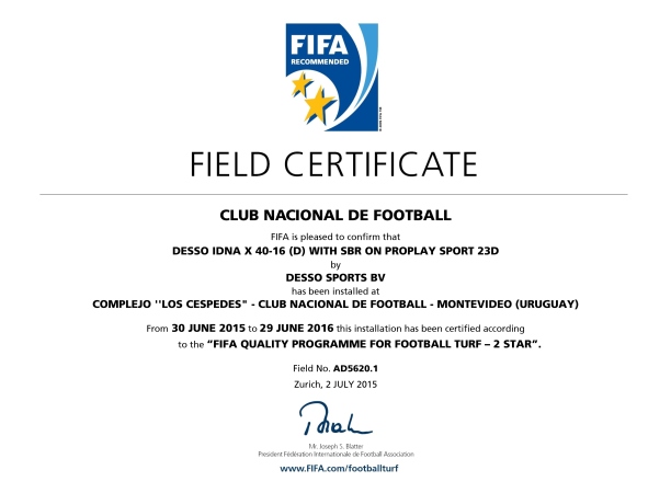 El certificado de dos estrellas para la cancha sintética. Foto: C. N. de Football.