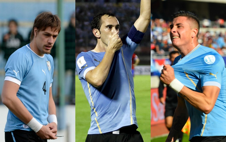Sebastián Coates, Diego Godín y José María Giménez. Fotos: archivo El País