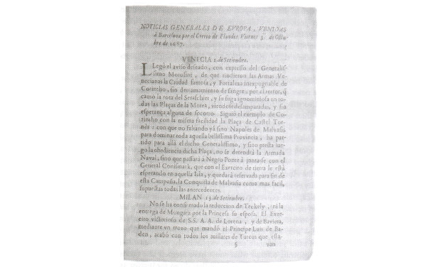 Uno de los primeros ejemplares de un diario de Barcelona, 1687