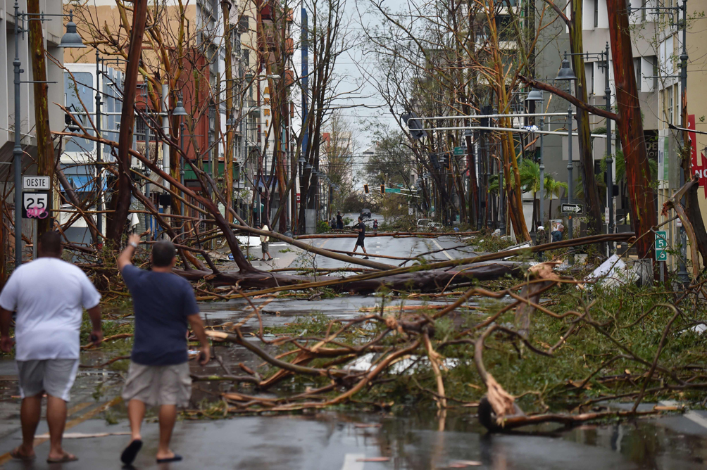 Una calle de San Juan cubierta de árboles como consecuencia del Huracán. Foto: AFP