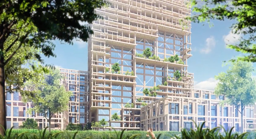 Proyección de edificio de madera. Foto: Sumimoto Forestry