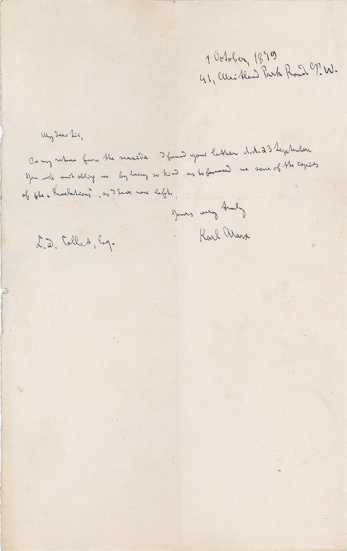 La carta subastada de Karl Marx. Foto: EFE