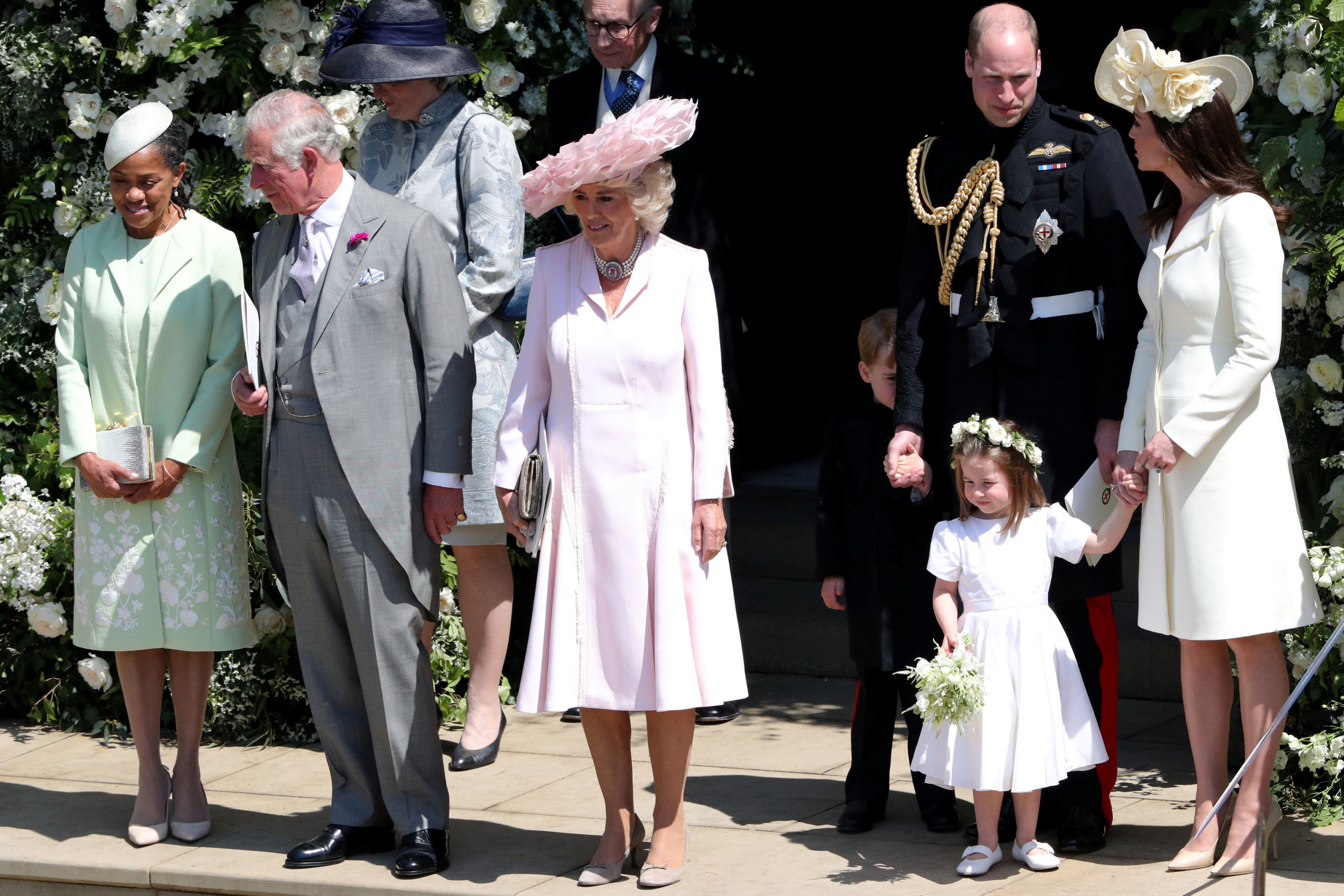 La familia directa: la mamá de Meghan, Carlos y Camila, William, Kate y Charlotte. Foto: Reuters