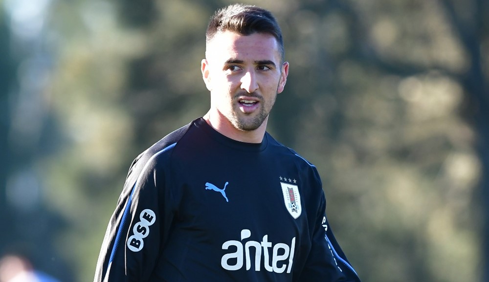 Matías Vecino en el entrenamiento de la selección uruguaya en el Complejo Celeste. Foto: Nicolás Pereyra