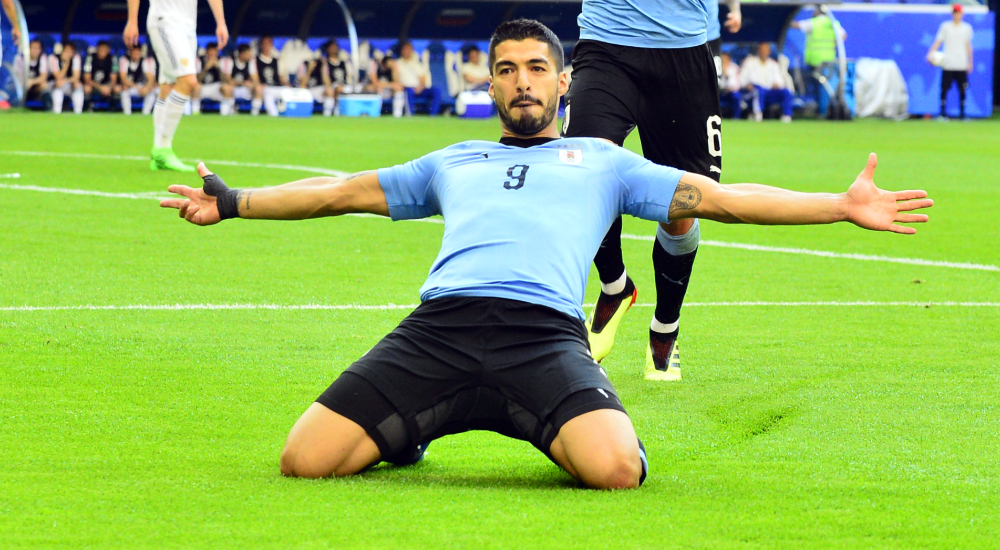 Luis Suárez festejando el gol de Uruguay contra Rusia. Foto: Nicolás Pereyra