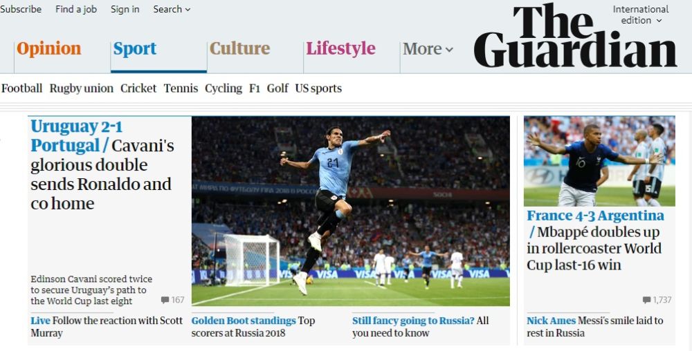 Portada de The Guardian el triunfo uruguayo. Foto: Captura