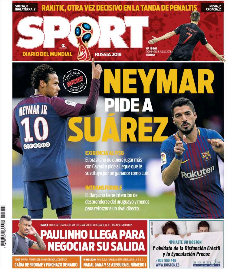 La tapa del diario Sport (8/7/2018).
