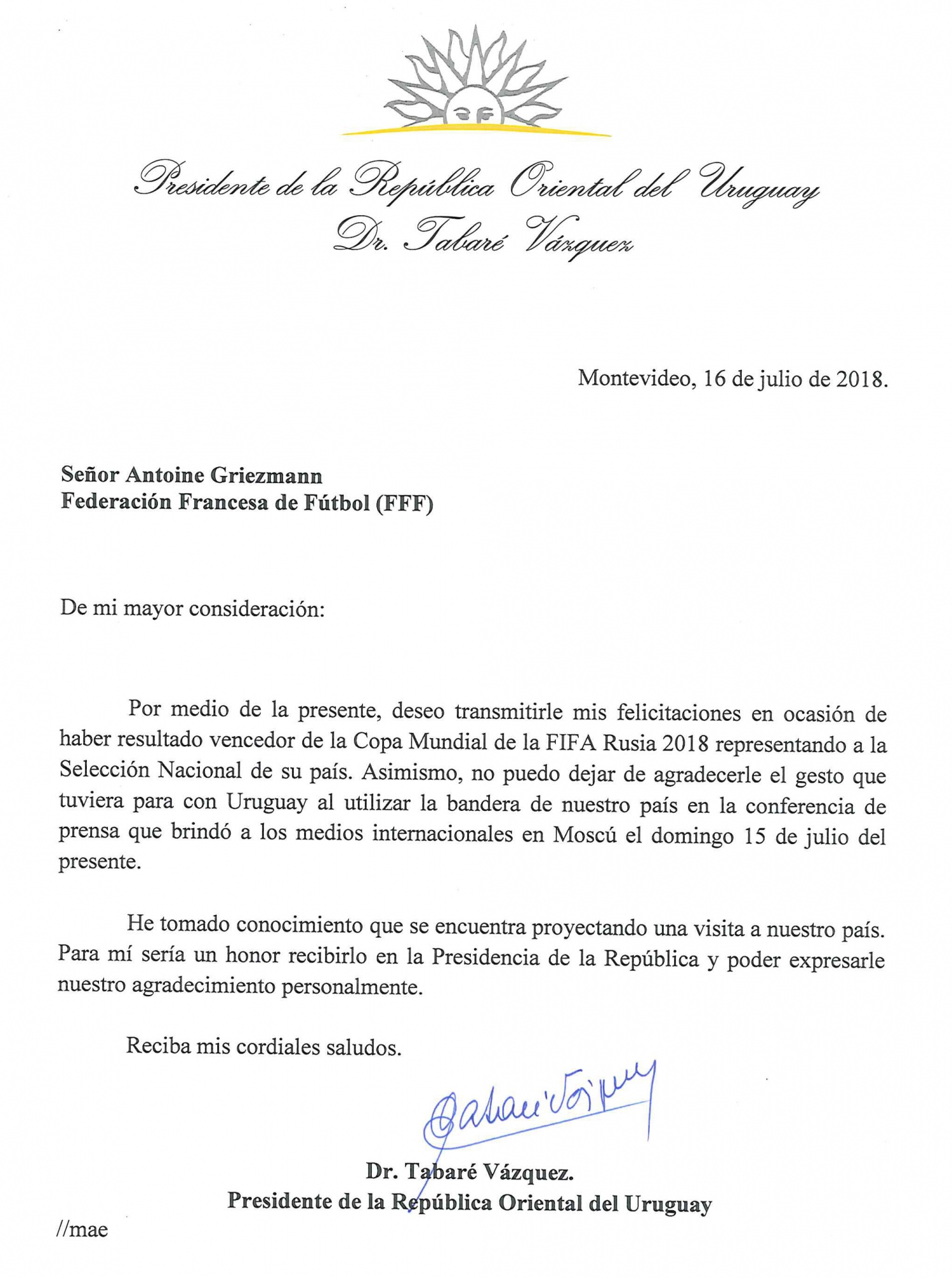 La carta enviada de Tabaré Vázquez a Antoine Griezmann