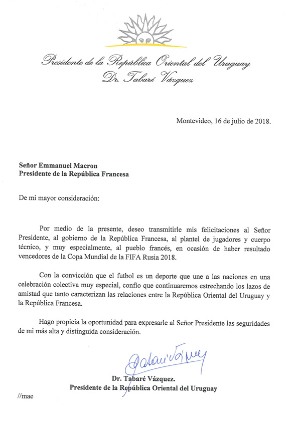 La carta enviada de Tabaré Vázquez a Emmanuel Macron