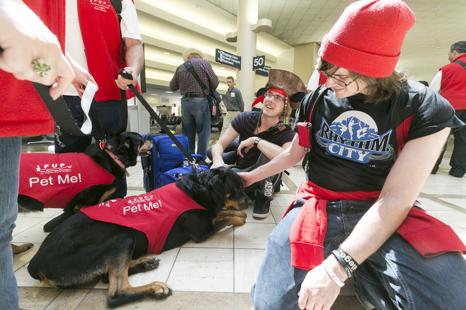 Caricias caninas. Los Angeles calma con perros a los pasajeros ansiosos por volar. Foto: Difusión.