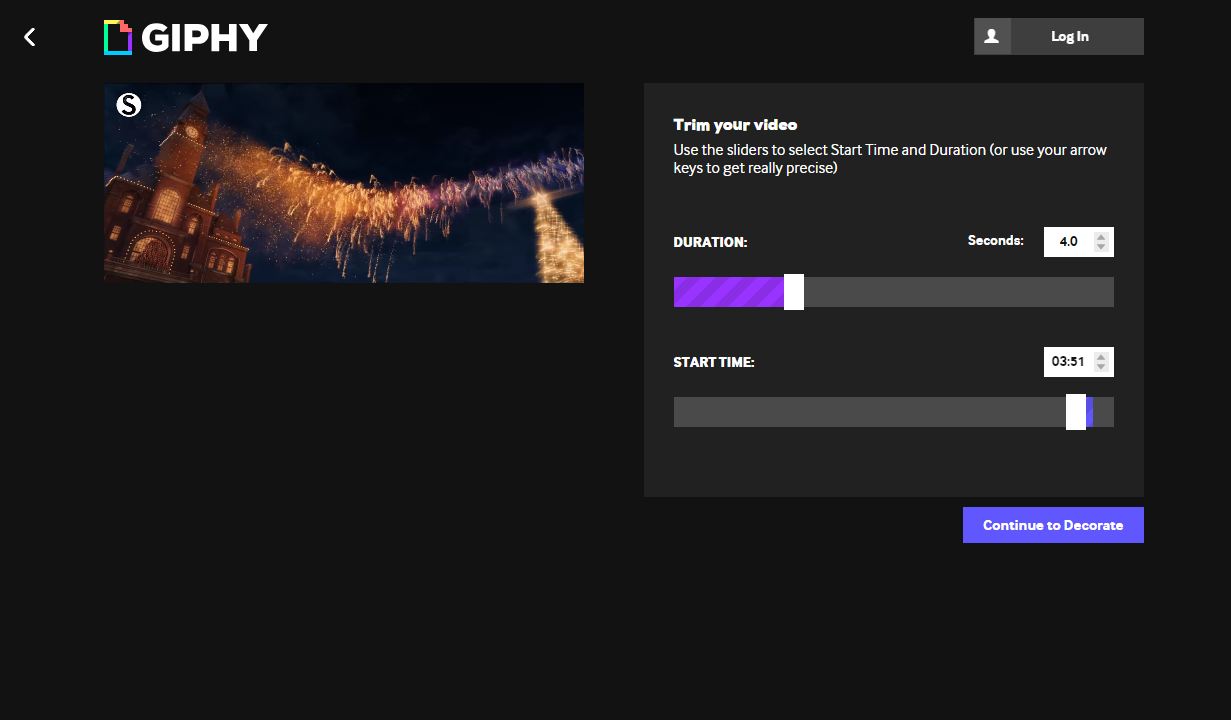 Seleccionar momento y duración del gif en Giphy.