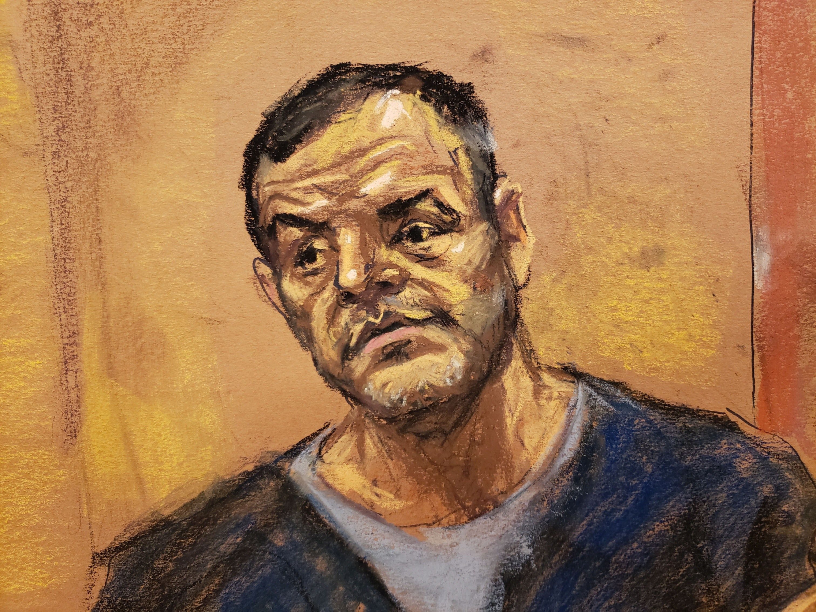 Pedro Flores en el juicio por el Chapo Guzman. Dibujo: Jane Rosenberg