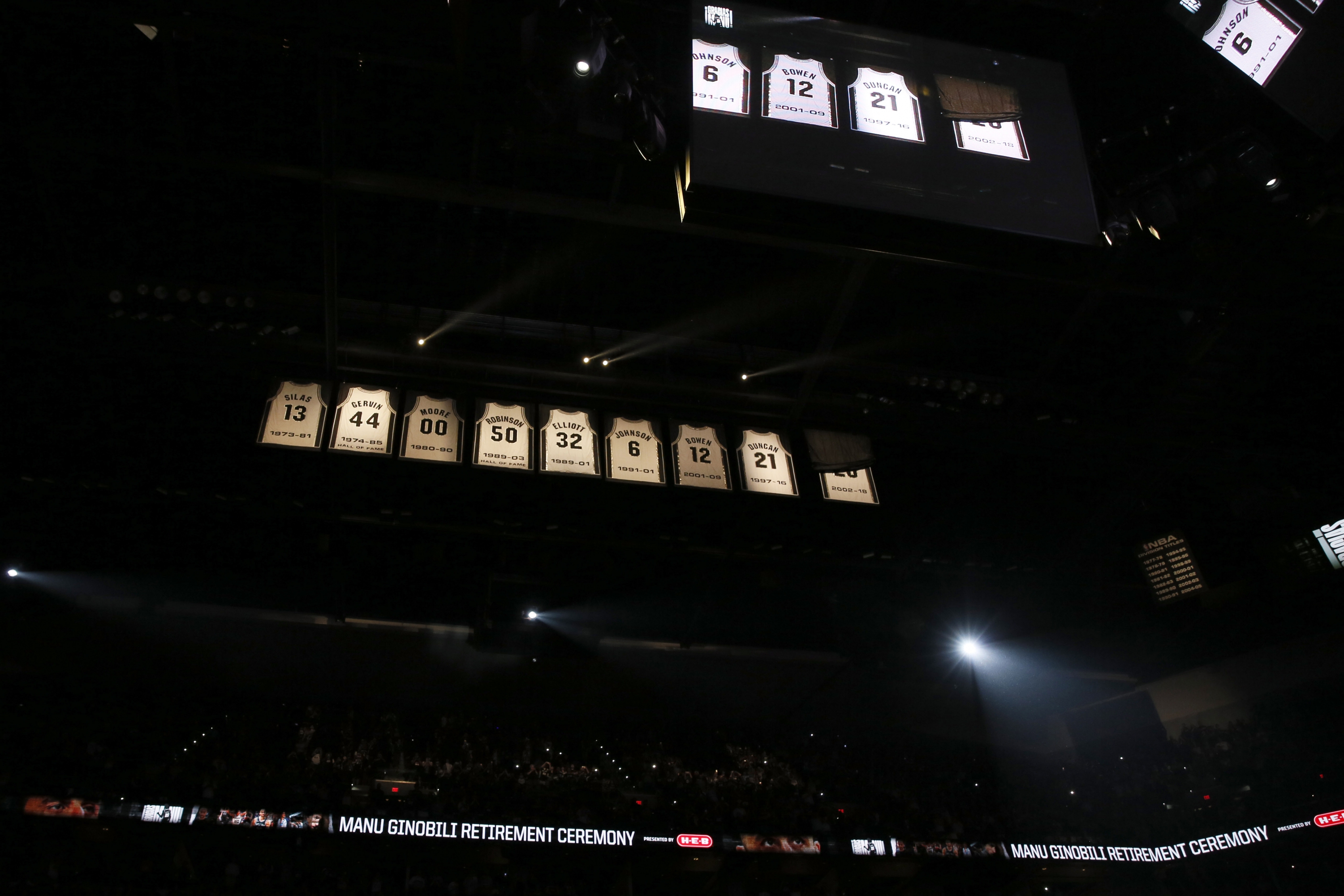 El retiro de la camiseta de Emanuel Ginóbili en San Antonio Spurs. Foto: AFP.