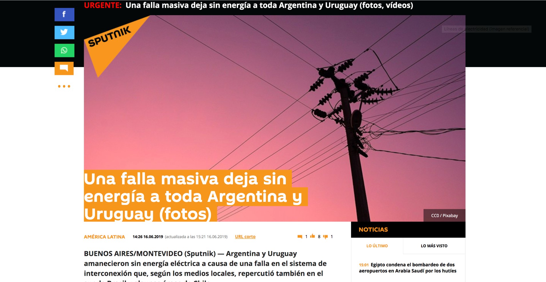 Sputnik tiene en portada el apagón en la región