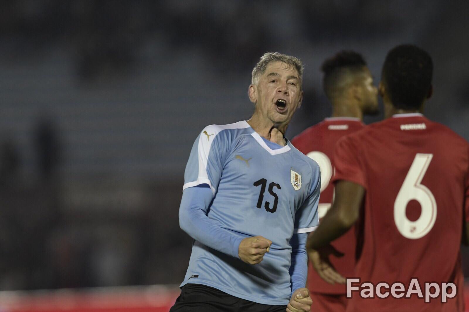 Así se ven los jugadores de Uruguay con el paso del tiempo en FaceApp. Imagen original: Archivo El País