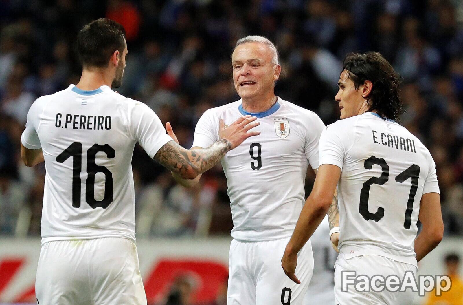 Así se ven los jugadores de Uruguay con el paso del tiempo en FaceApp. Imagen original: Archivo El País