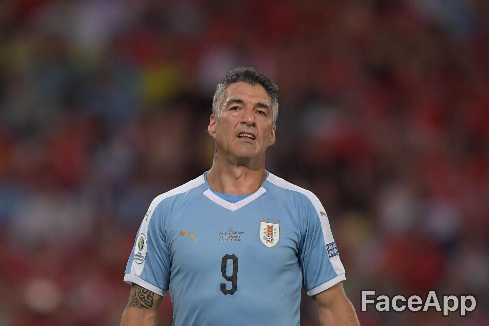 Así se ven los jugadores de Uruguay con el paso del tiempo en FaceApp. Imagen original: Archivo El País