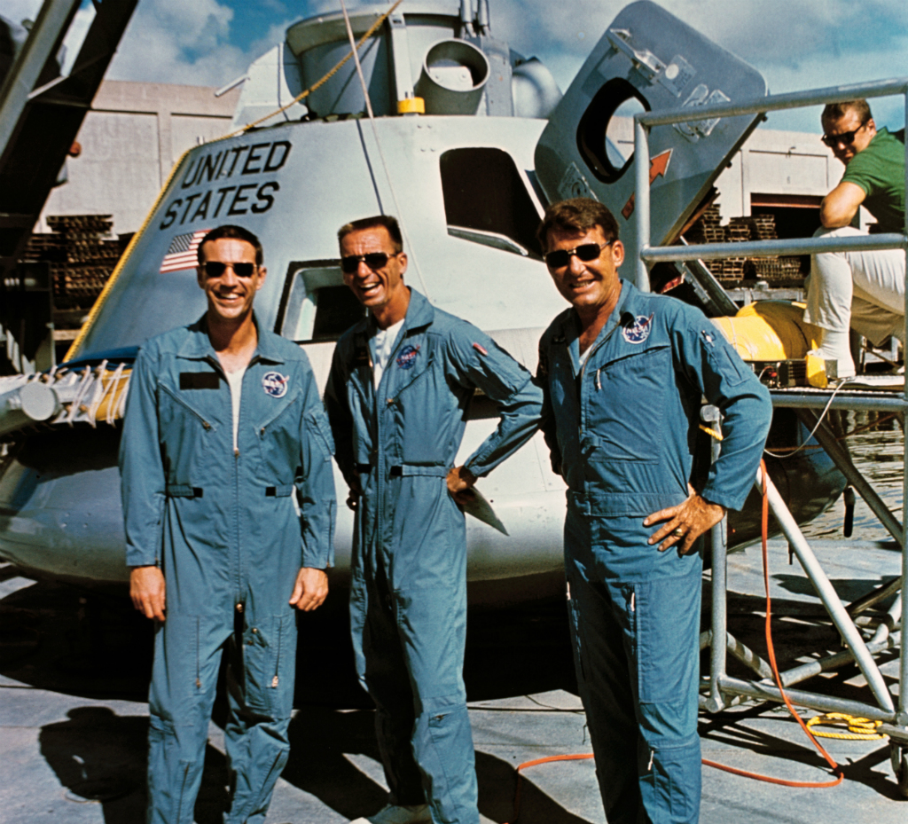 Walter Schirra, Walter Cunningham y Donn Eisele, tripulación del Apolo 7. Foto: NASA