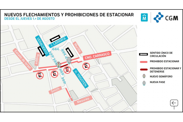 Flechamientos y prohibiciones de estacionamiento por Camino Carrasco. Foto: IMM