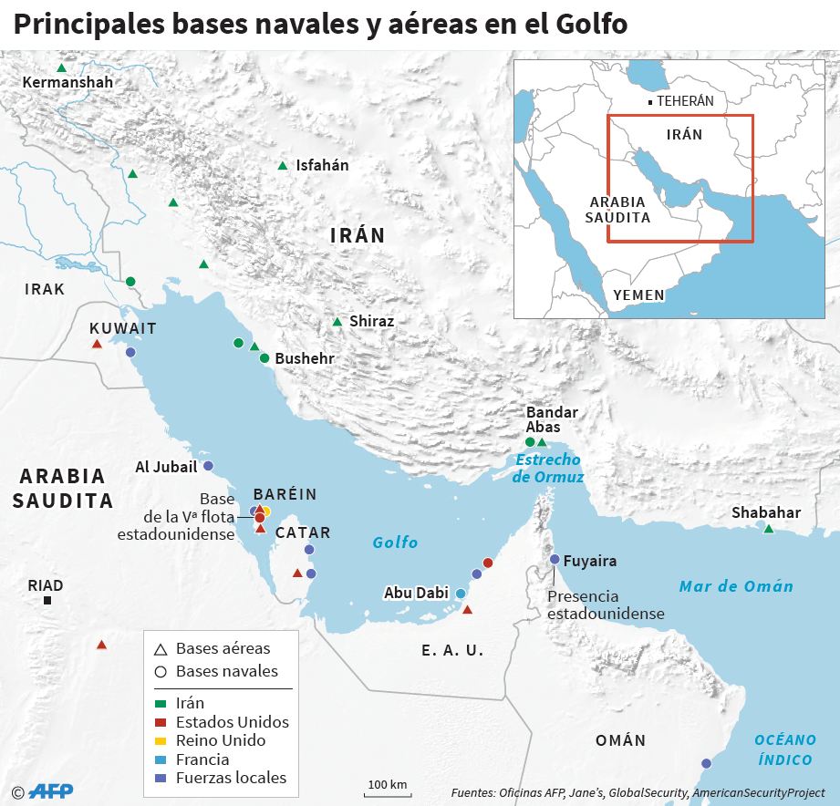 Principales bases navales y aéreas en el Golfo. Infografía: AFP.