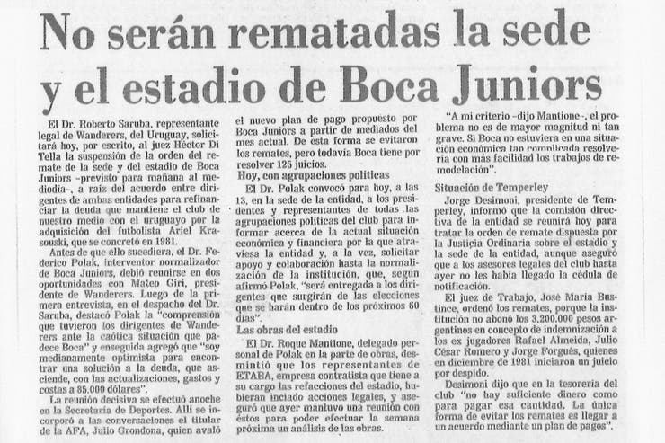 Alivio boquense: la nota de La Nación del 5 de diciembre de 1984, que anuncia que la Bombonera no será rematada. Foto: Archivo La Nación