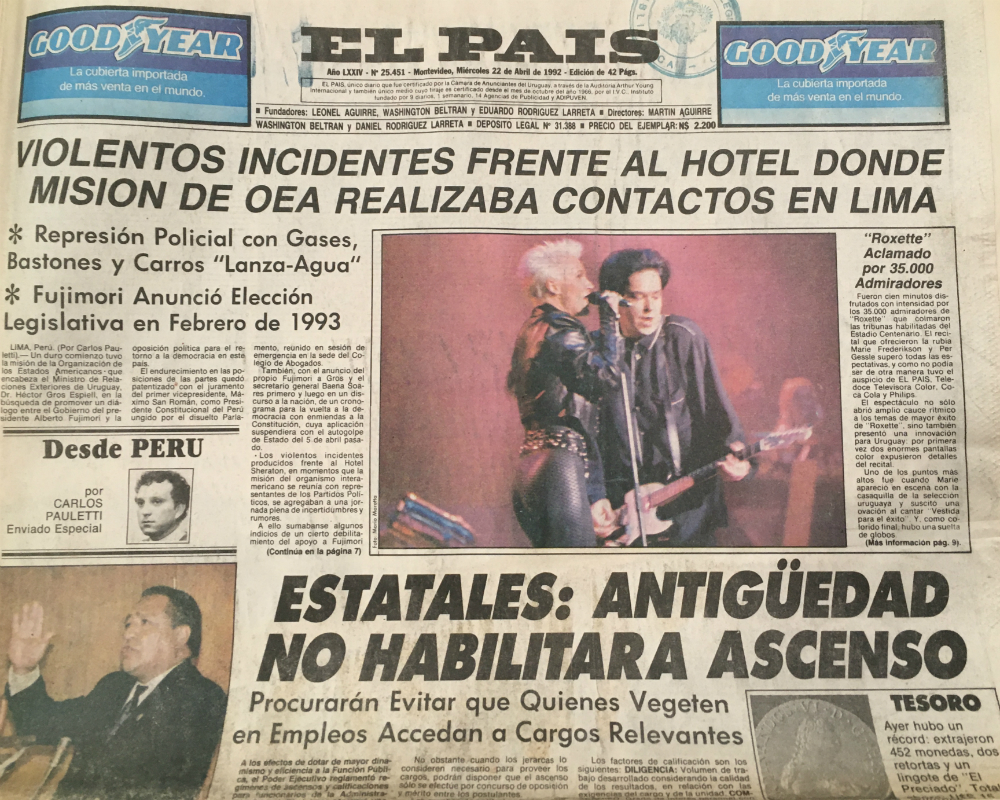 Roxette en la tapa de El País, abril de 1992. Foto: Archivo El País.