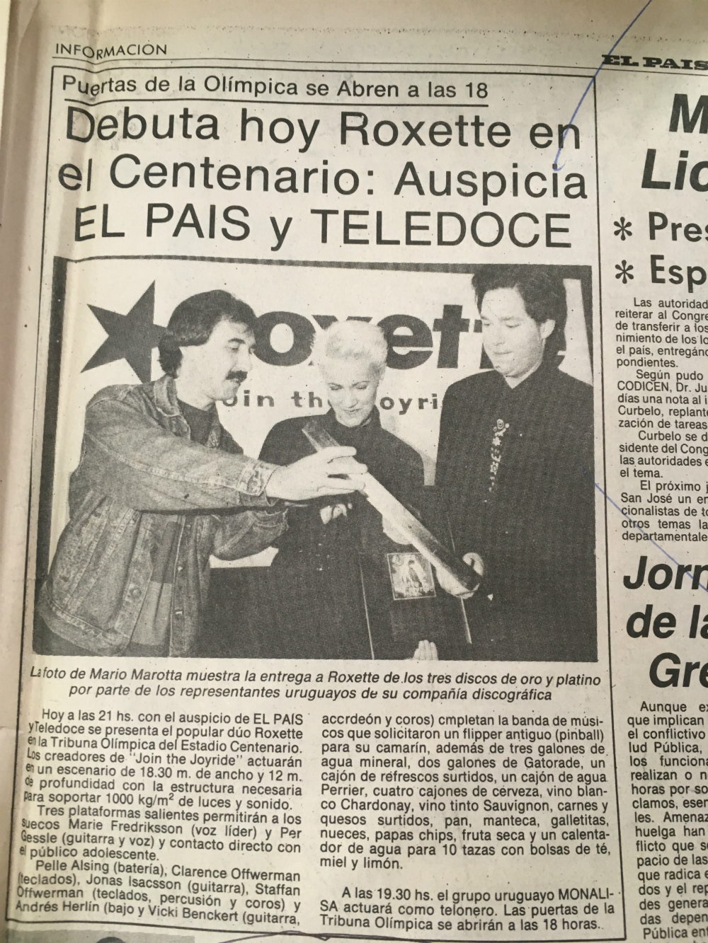Conferencia de prensa de Roxette. Foto: Archivo El País.