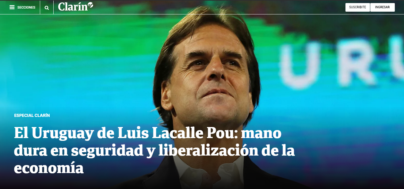 Clarín tituló: "El Uruguay de Luis Lacalle Pou: mano dura en seguridad y liberalización de la economía". Foto: Captura Clarín