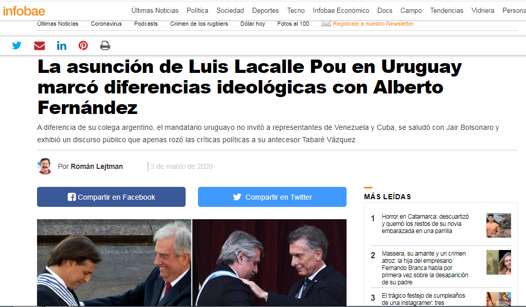 La cobertura de Infobae: "La asunción de Luis Lacalle Pou en Uruguay marcó diferencias ideológicas con Alberto Fernández". Foto: Captura de Infobae