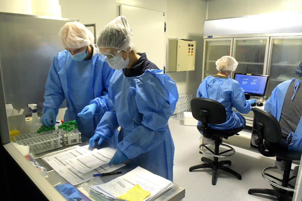 Laboratoristas reciben las muestras para ser analizadas por sospecha de coronavirus. Foto: Leonardo Mainé