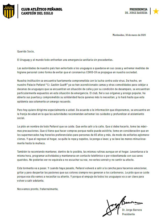 La carta de Jorge Barrera a los socios de Peñarol.