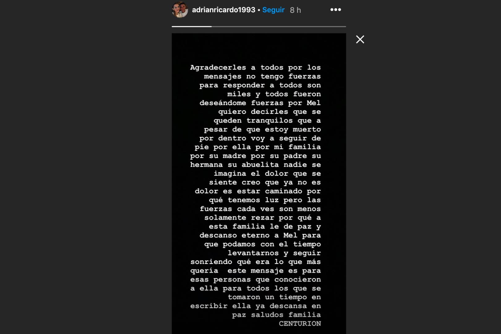 La carta de Ricardo Centurión tras la muerte de su novia. Foto: @adrianricardo1993.