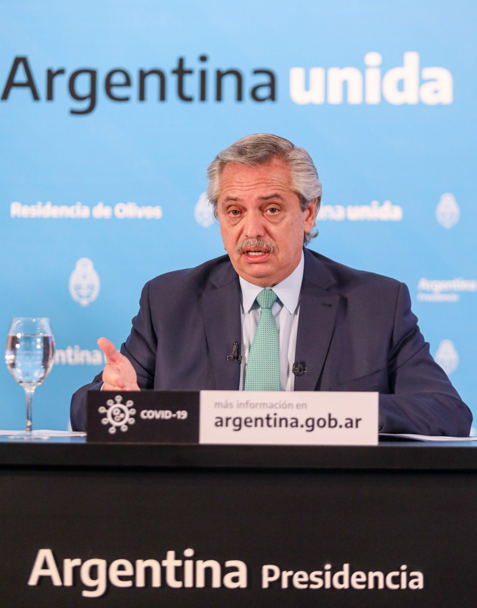 Alberto Fernández, presidente de Argentina, en conferencia de prensa por el nuevo coronavirus. Foto: AFP.