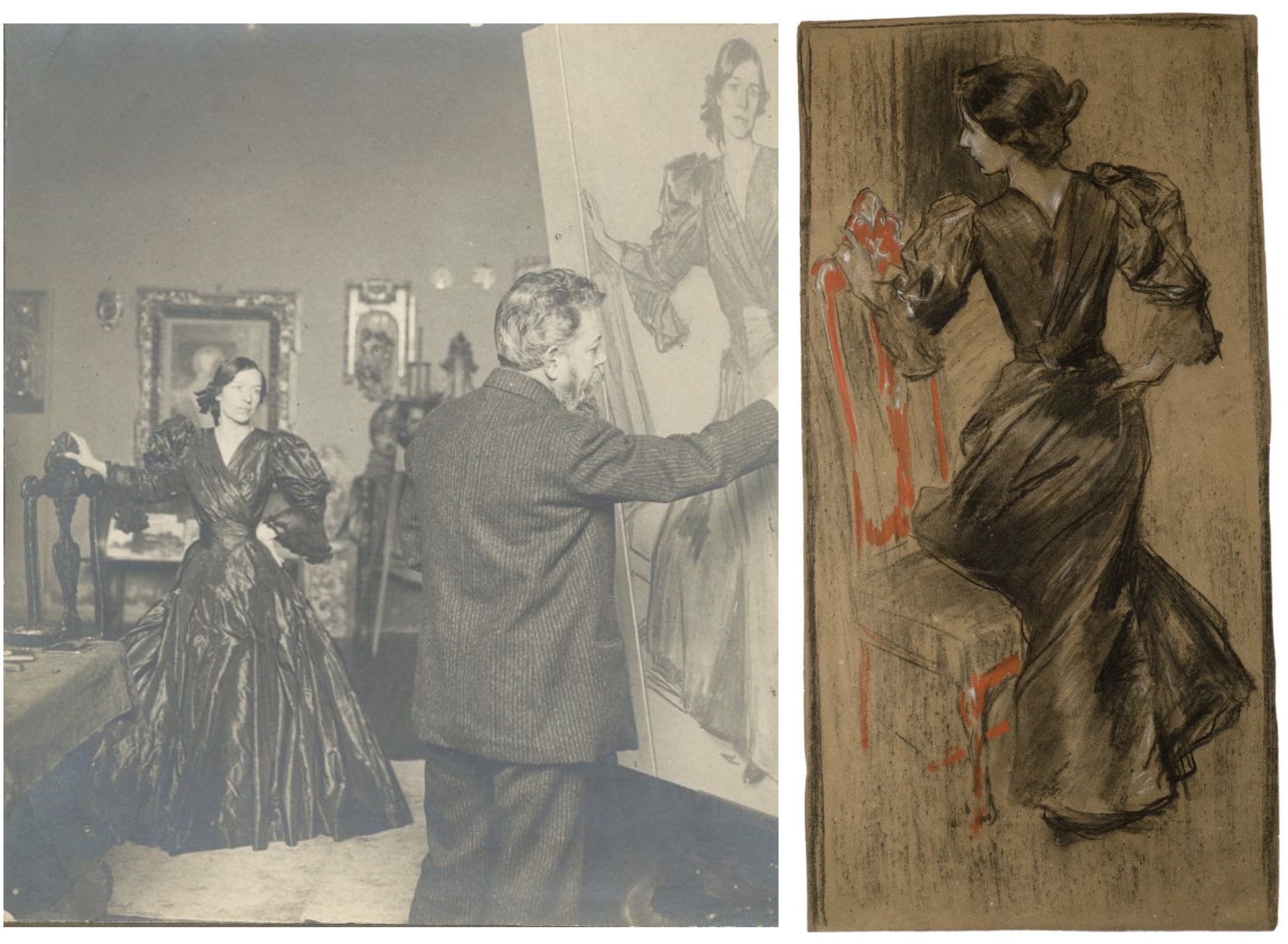 En esta imagen vemos al legendario Joaquín Sorolla, quien dibujaba a cada momento ya que todo lo que lo rodeaba era motivo de creación, retratando a Clotilde su esposa con carbonilla para una de sus obras al óleo más conocidas “Clotilde con traje negro”.