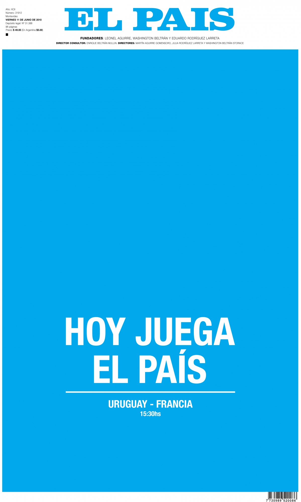 La tapa del diario El País alusiva al debut celeste el 10 de junio de 2010.