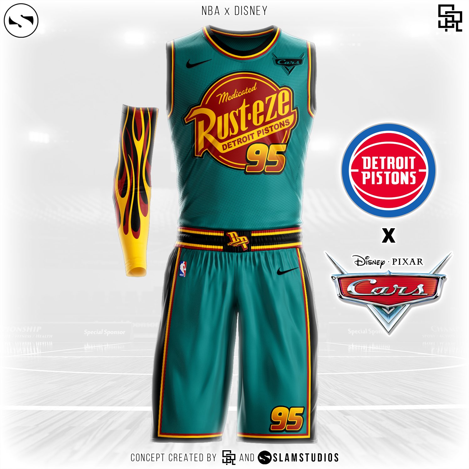 El diseño para la camiseta de Detroit Pistons en Disney. Foto: @SlamStudios.