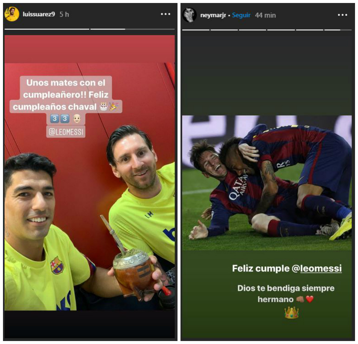 Los saludos de Suárez y Neymar en el cumpleaños de Messi. Fotos: Captura