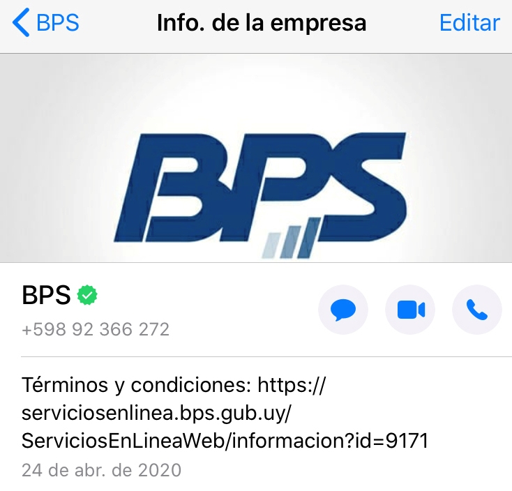 Ejemplo de la cuenta verificada de BPS en WhatsApp. Foto: BPS.