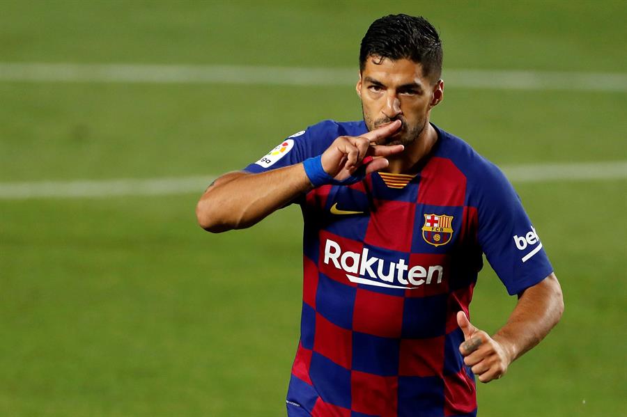 Luis Suárez celebra el gol anotado en el Barcelona-Espanyol. Foto: EFE.