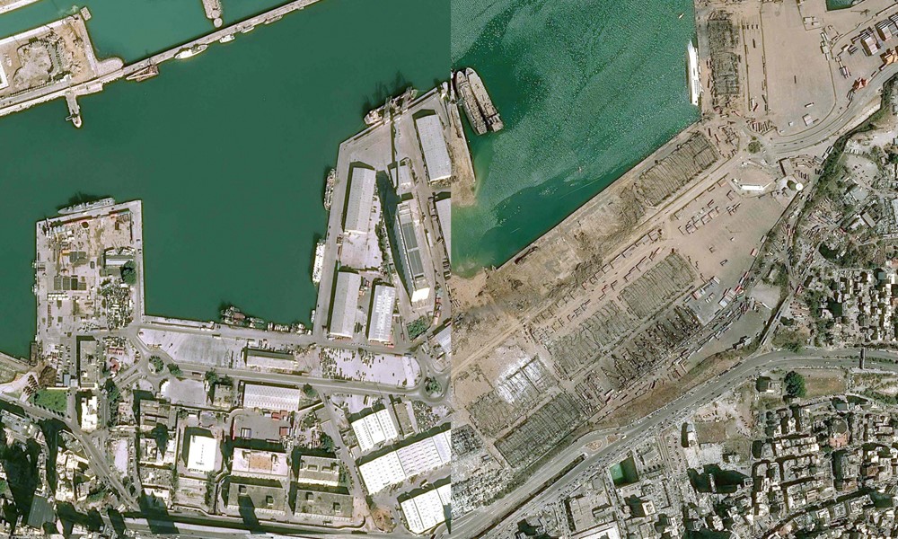 El puerto de Beirut antes y después de la explosión. Fotos: AFP