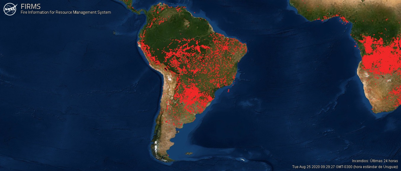 América del Sur, mapa de incendios. Foto: Captura NASA