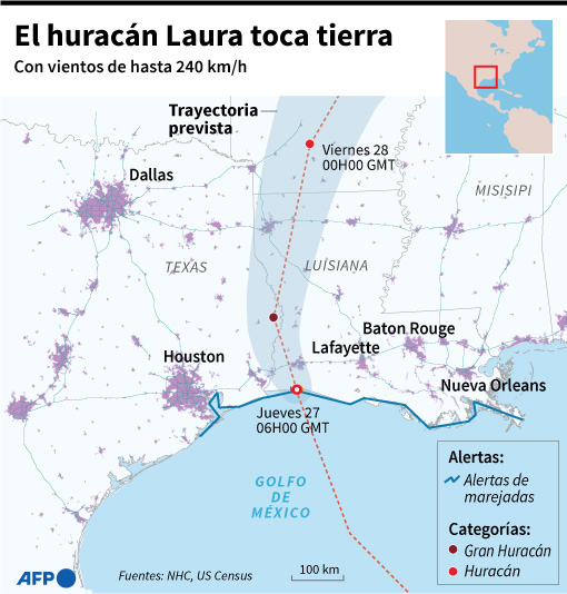 Trayectoria del huracán Laura. Foto: AFP
