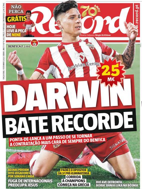 Darwin Núñez en la tapa del diario Récord.