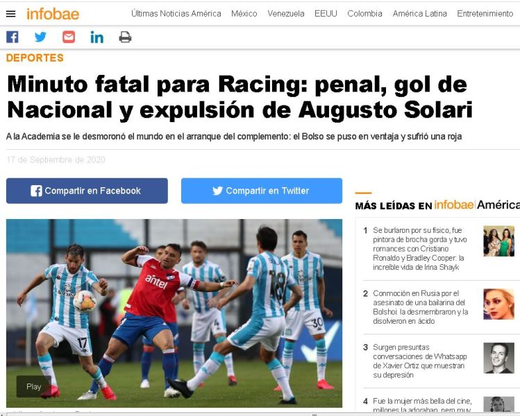 Lo que dijo Infobae del partido Racing-Nacional