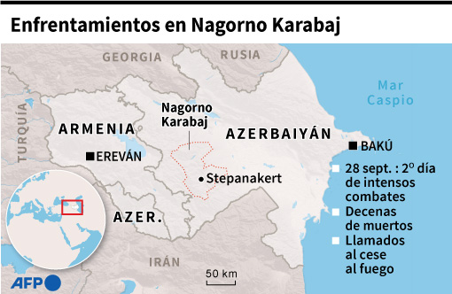 Mapa localizando la región separatista de Nagorno Karabaj, Foto: AFP.