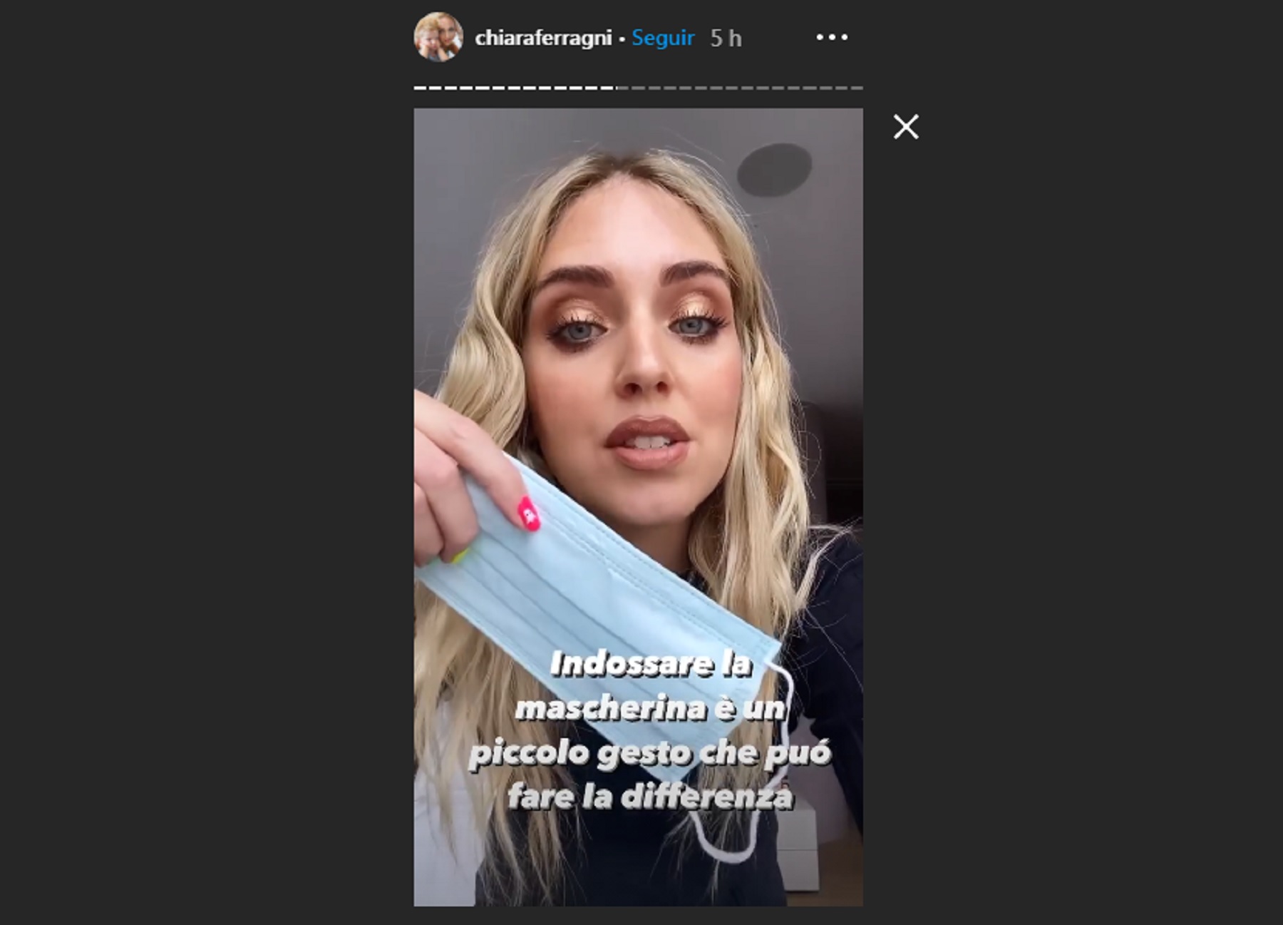 Ferragni recomienda el uso del tapabocas. Foto: Captura de Instagram